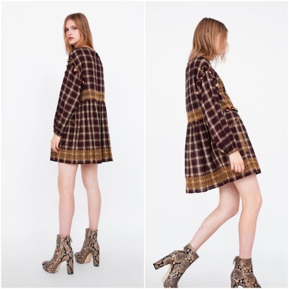 Zara plaid boho Pom Pom mini dress with embroidery